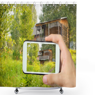 Personality  Hands Taking Photo Mountain Chalet With Smartphone. Shower Curtains