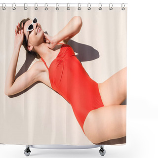 Personality  High Angle View Of Smiling Young Woman In Red Swimsuit Lying On Light Surface Shower Curtains