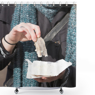 Personality  Dutch Woman Is Eating Typical Raw Herring Shower Curtains