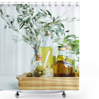 Personality  Glass With Spoon And Green Olives, Various Bottles Of Aromatic Olive Oil With And Branches On Wooden Tray Shower Curtains