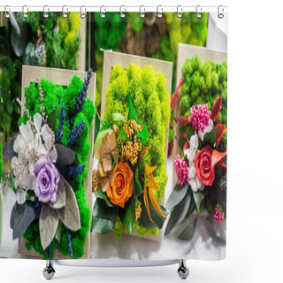 Personality  Decorative Floristic Arrangement Of Artificial Flowers And Stabilized Moss, Soft Focus, Selective Focus. Shower Curtains