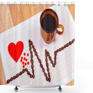Personality  Cardiogram Line Of Coffee Grains, Cup Of Coffee And Supplement Pills, Medicine And Healthcare Concept Shower Curtains