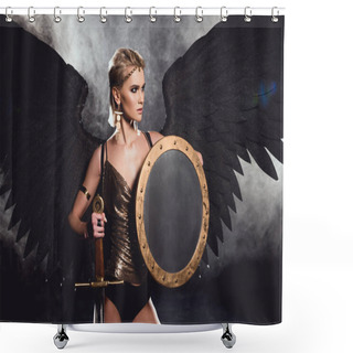 Personality  Beautiful Sexy Woman In Warrior Costume And Angel Wings Posing With Shield And Sword On Black Background Shower Curtains