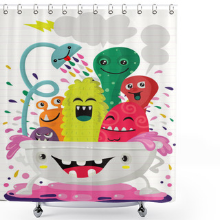 Personality  Vector Cartoon Style Illustration Of Funny Monsters Taking A Bath Full Of Soap Foam Shower Curtains