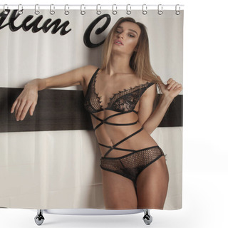 Personality  Sexual Brunette Girl In Black Lingerie Posing On The Table In Luxury Style. Long, Slim Woman Leg. Shower Curtains