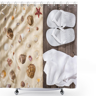 Personality  Top View Of Seashells And Starfish On Sand And Flip Flops And White Towel On Wooden Brown Board Shower Curtains