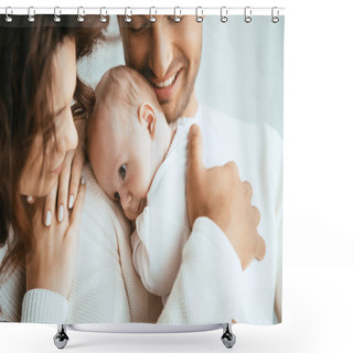 Personality  Cropped View Of Happy Man Holding Adorable Baby Near Smiling Wife Shower Curtains
