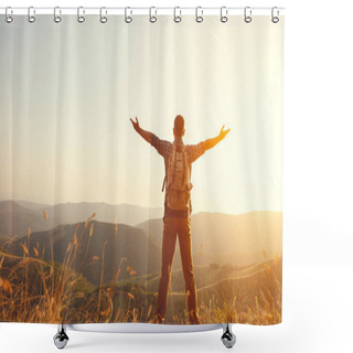 Personality  Male Tourist On Top Of Mountain In Fog In Autumn Shower Curtains