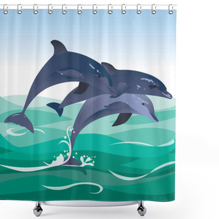 Personality  Three Happy Jumping Dolphins Jumping In Green Ocean Shower Curtains