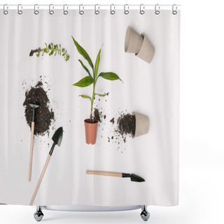 Personality  Top View Of Arranged Gardening Equipment, Flowerpots And Green Plants Isolated On White Shower Curtains