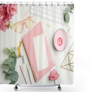 Personality  Composition With Female Accessories On White Background. Woman Blogger Shower Curtains