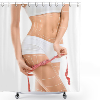 Personality  Young Woman With Marks For Liposuction Operation And Measuring Tape On White Background. Cosmetic Surgery Shower Curtains