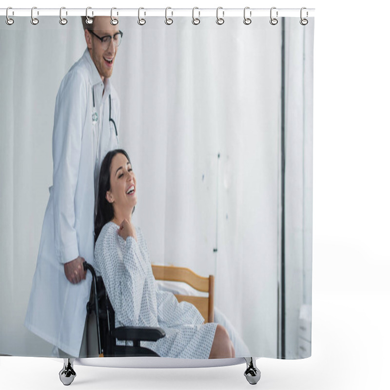 Personality  Curly Doctor In White Coat Standing Behind Joyful Disabled Woman In Wheelchair  Shower Curtains