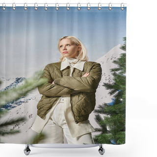 Personality  Serious Stylish Woman Posing With Her Arms Crossed On Chest And Looking Away, Winter Fashion Shower Curtains