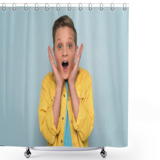 Personality  Shocked And Cute Kid Looking At Camera On Blue Background  Shower Curtains