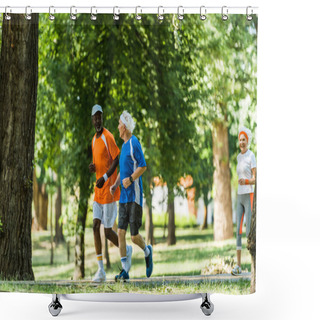 Personality  Selective Focus Of Happy Multicultural Men Running With Retired Woman Shower Curtains