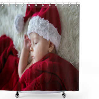 Personality  Little Sleeping Newborn Baby Boy, Wearing Santa Hat Shower Curtains