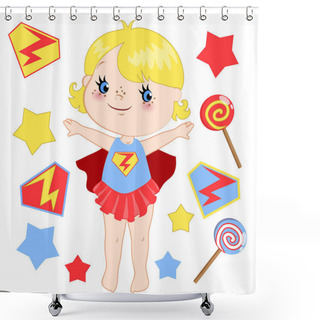Personality  Cute Cartoon Superhero Girl Vector Clip Art Set. Shower Curtains