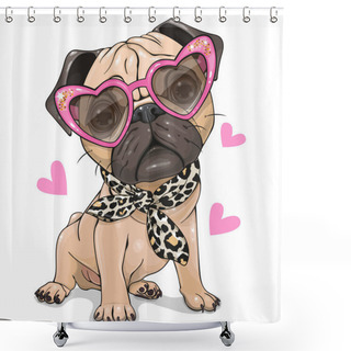 Personality  Pug Dog With Pink Glasses And Scarf Isolated Shower Curtains