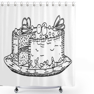 Personality  Cake With Chocolate Doodle Drawing On A White Background Shower Curtains