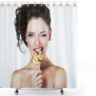 Personality  Coquette. Funny Quaint Brunette With Colorful Lollipop Shower Curtains