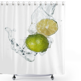 Personality  Green Fresh Whole Lime And Half With Clear Water Stream And Drops Isolated On White Shower Curtains