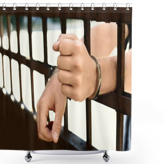 Personality  Man Handcuffed In Jail Outdoors, Closeup. Criminal Law Shower Curtains