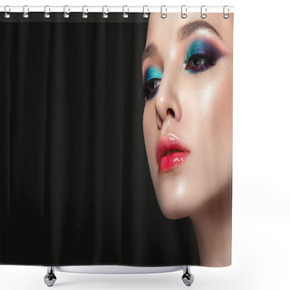 Personality  Beautiful Woman Portrait With Bright Colorful Make Up On Black Background. Shower Curtains