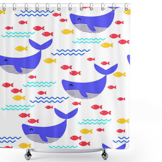 Personality  Seamless Pattern. Whale And Fish On A White Background. Shower Curtains