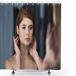 Personality  Young Stylish Female Model With Earrings Looking At Own Reflection Shower Curtains