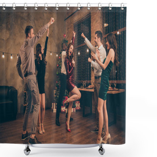 Personality  Full Length Photo Of Lovely Guys And Ladies Having Fun Dancing On Christmas X-mas Party In House Indoors Shower Curtains