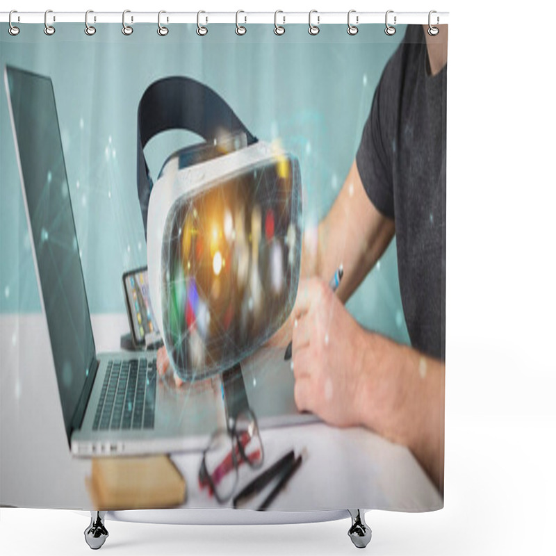 Personality  Graphic Designer On Blurred Background Using Virtual Reality Glasses Technology 3D Rendering Shower Curtains