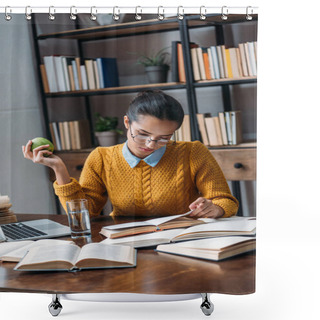 Personality  Young Student Girl With Green Apple In Hand Preparing For Exam At Library Shower Curtains