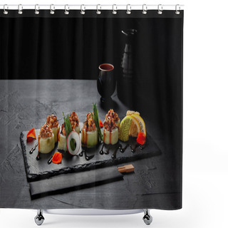 Personality  Gourmet Sushi Roll With Creamy Eel And Kimchi Mayonnaise On Slate Board And Chopsticks   Shower Curtains