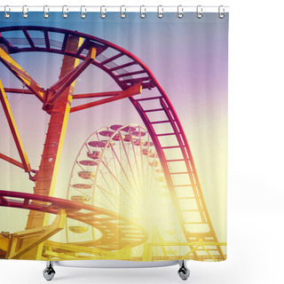 Personality  Vintage Stylized Roller Coaster In Amusement Park At Sunset. Shower Curtains