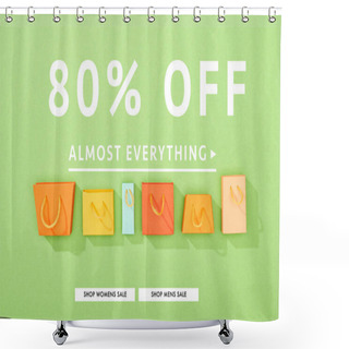 Personality  Top View Of Decorative Colorful Shopping Bags On Green Background With 80 Percent Off Sale Illustration Shower Curtains