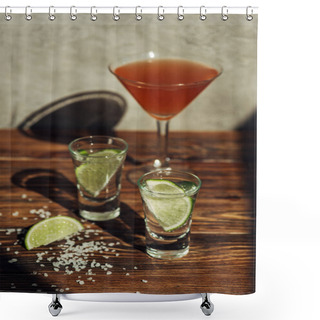 Personality  Selective Focus Of Fresh Tequila With Lime And Salt And Cocktail On Wooden Surface In Sunlight Shower Curtains