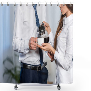 Personality  Cropped Image Of Girlfriend Pouring Coffee Into Boyfriend Cup In Morning At Home, Social Role Concept Shower Curtains