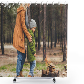 Personality  Mother And Son Looking At Campfire Shower Curtains