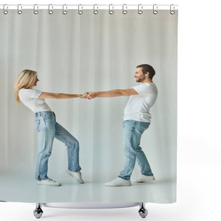 Personality  Happy Couple Shares A Romantic Moment As They Interlock Hands, Showcasing Their Deep Connection And Affection For Each Other. Shower Curtains