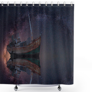 Personality  The Wrecked Ship Under Starry Night With Clearly  Milky Way Shower Curtains