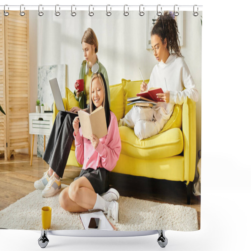 Personality  A Diverse Group Of Teenage Girls Sitting Closely Together On A Bright Yellow Couch, Focused On Studying And Sharing Moments Of Friendship And Education. Shower Curtains