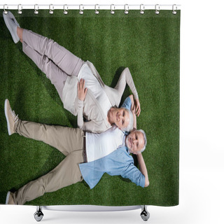 Personality  Senior Couple Lying On Grass  Shower Curtains