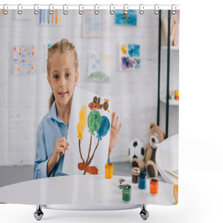 Personality  Portrait Of Little Kid Showing Colorful Picture In Hands While Sitting At Table In Room Shower Curtains