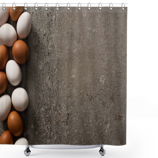 Personality  Top View Of Brown And White Chicken Eggs On Grey Concrete Background Shower Curtains