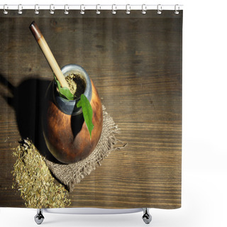 Personality  Calabash And Bombilla With Yerba Mate On Grey Wooden Background Shower Curtains