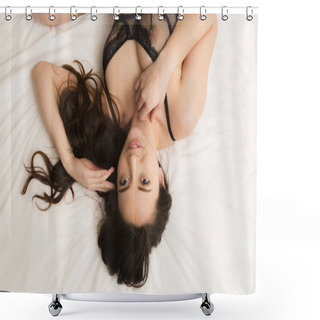 Personality  Young Caucasian Woman Wearing See Through Black Lingerie Relaxes On A Bed With White Sheets Under Studio Lighting Shower Curtains