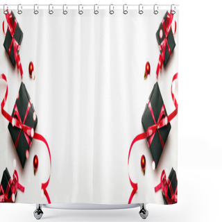 Personality  Christmas Gifts, Red Decor On White Background Top View. Xmas Present. Winter Xmas Holiday. Merry Christmas And Happy Holidays Greeting Card, Frame, Banner. New Year. Noel. Flat Lay Shower Curtains