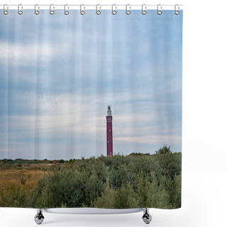 Personality  In This Landscape, The Vivid Crimson Of The Lighthouse Provides A Stark Contrast To The Muted Greens And Browns Of The Coastal Shrubbery Under A Subdued, Cloudy Sky. The Lighthouse, Positioned Shower Curtains