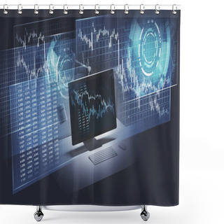 Personality  Futuristic Immersive HUD Stock Interface Over Blurry Computer Table Background. Concept Of Trading And Technology. 3d Rendering Toned Image Double Exposure Shower Curtains